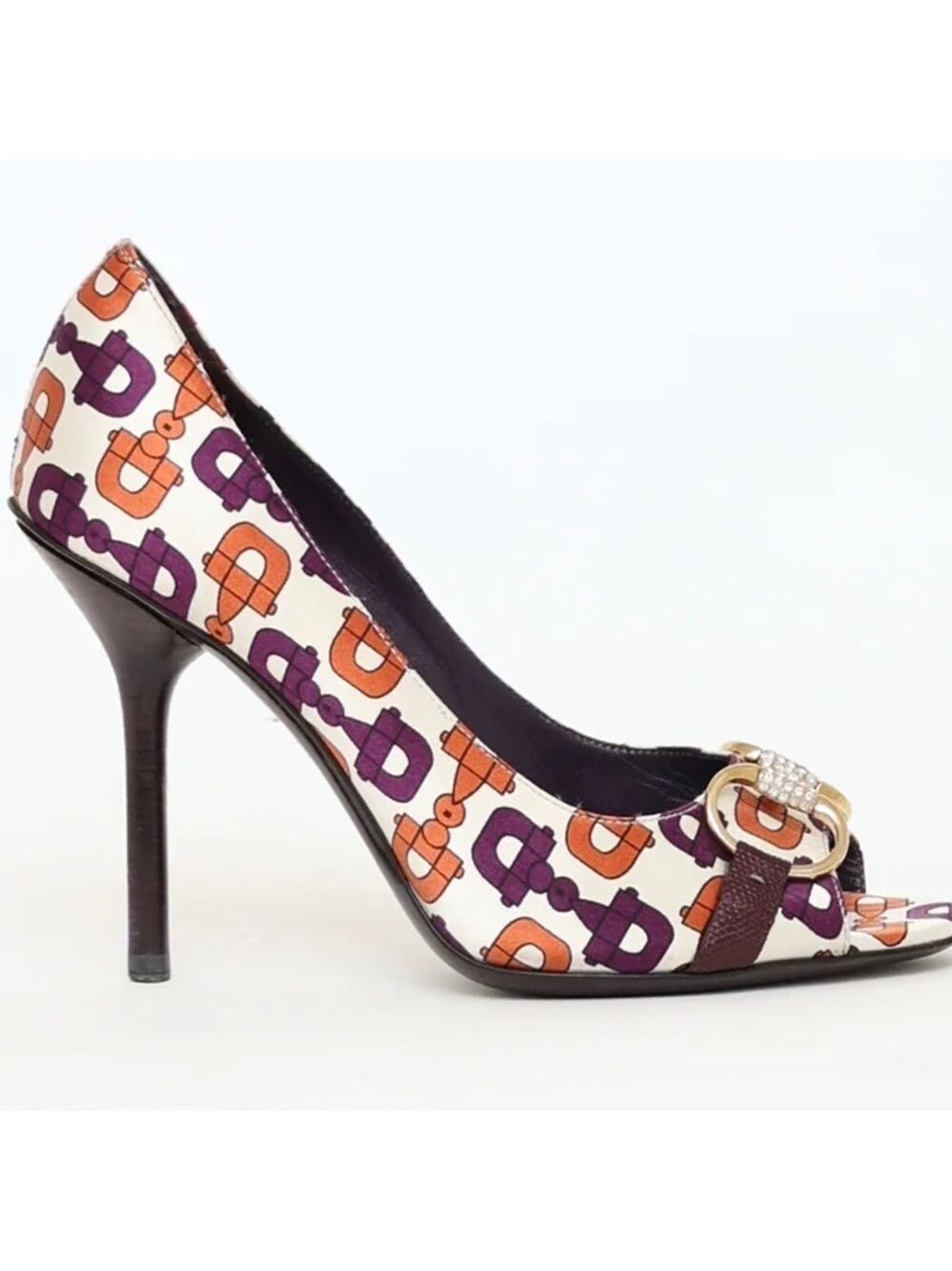 GUCCI PURPLE/ORANGE SATIN CRYSTAL HORSEBIT PUMPS Sz 9